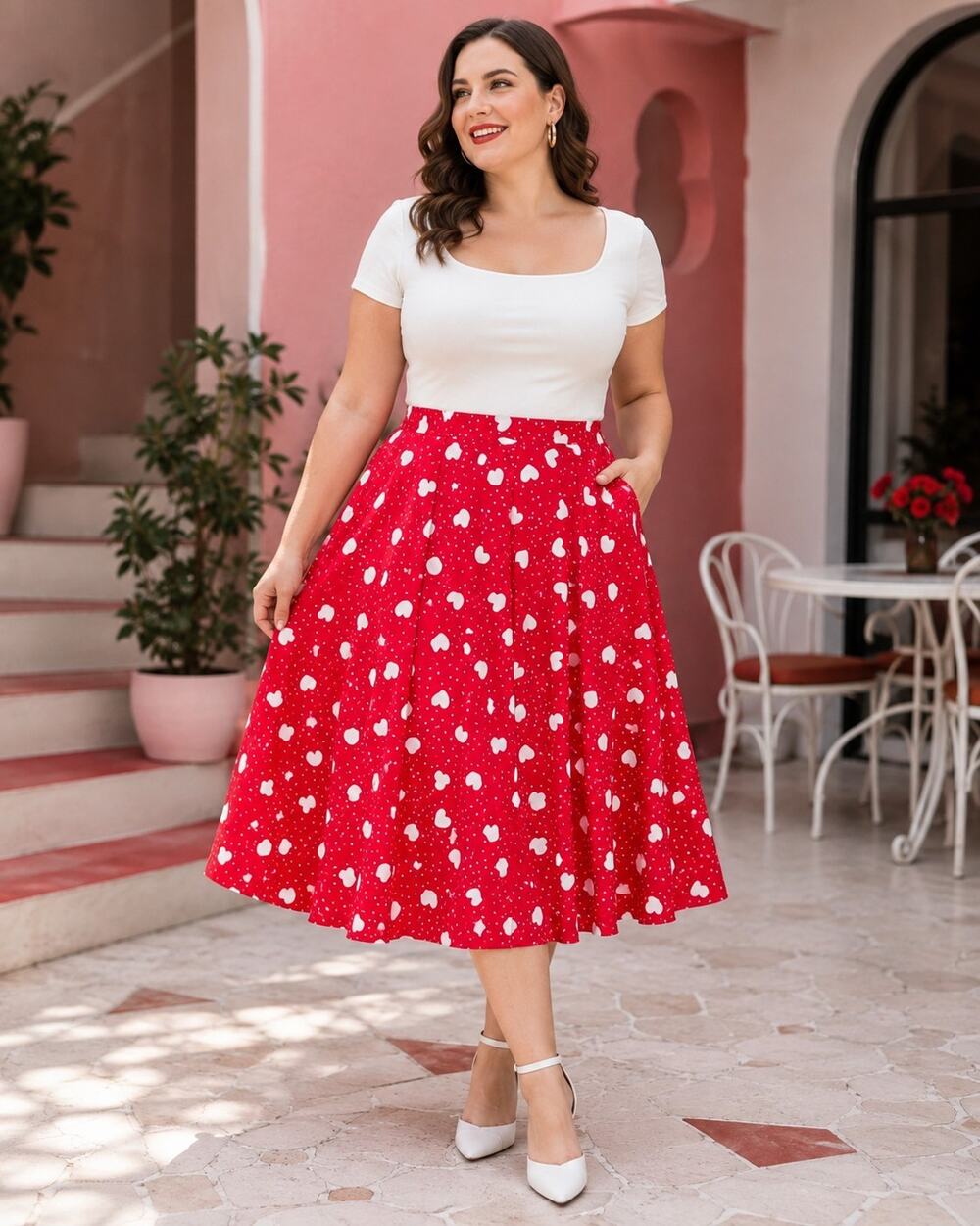 Tulip B Red White Heart Print Midi Swing Skirt Pockets Size L NWT